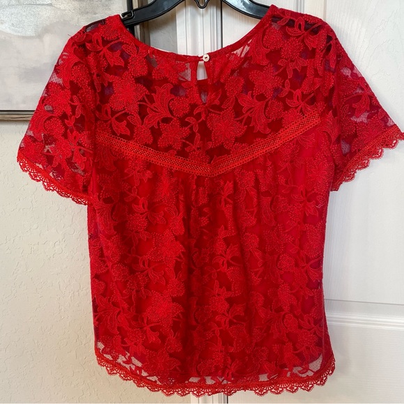 Willow and Clay Women’s Red Lace Intricate Floral S/S Lined Top-Sz XS-Quick - Picture 8 of 15